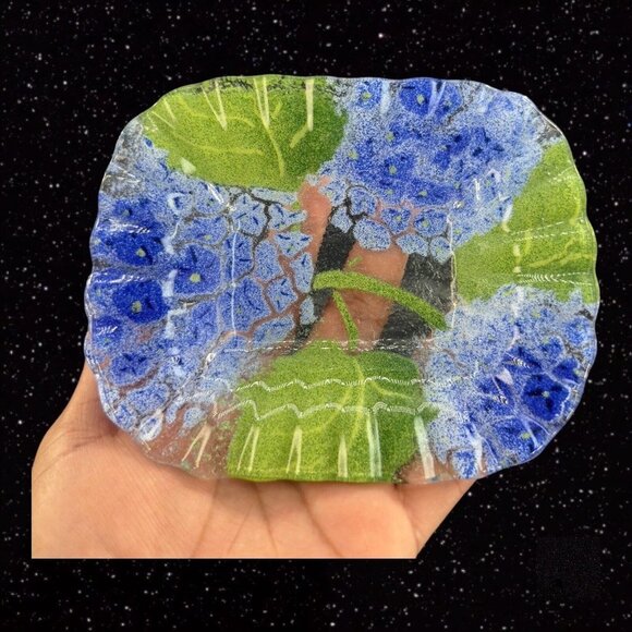 Fused Art Glass Dish Plate Ruffled Edges Blue Flowers Glass Trinket Dish 6”Wide - Picture 11 of 14